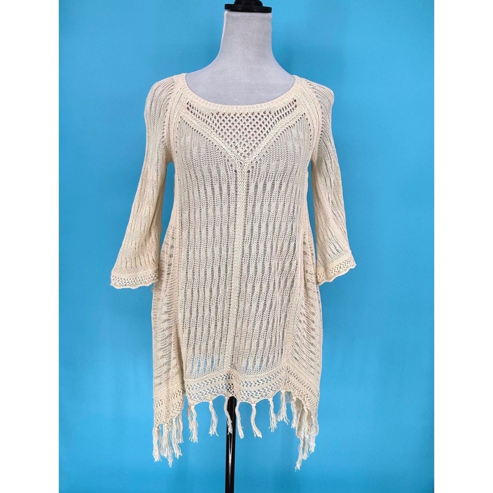 Angel of‎ the North Open Knit Cream Pointelle Fringe Tunic Sweater Size Small